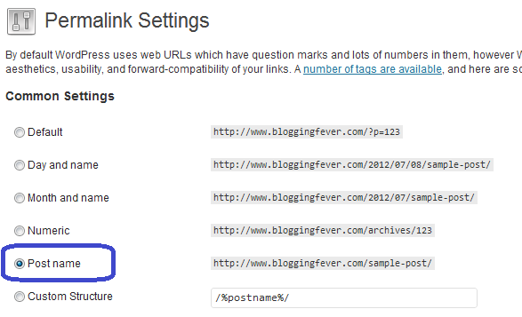 wordpress permalinks settings