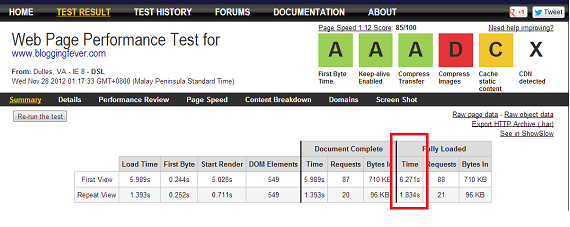 W3 Total Cache - WebPageTest